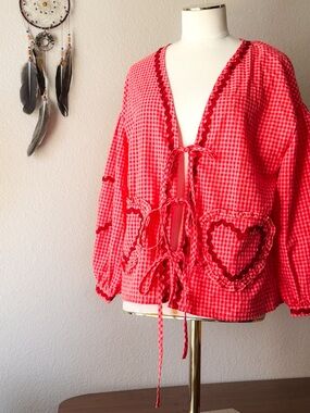 Red Pink Gingham Tie Front Blouse Heart Pocket Cottagecore Top Medium